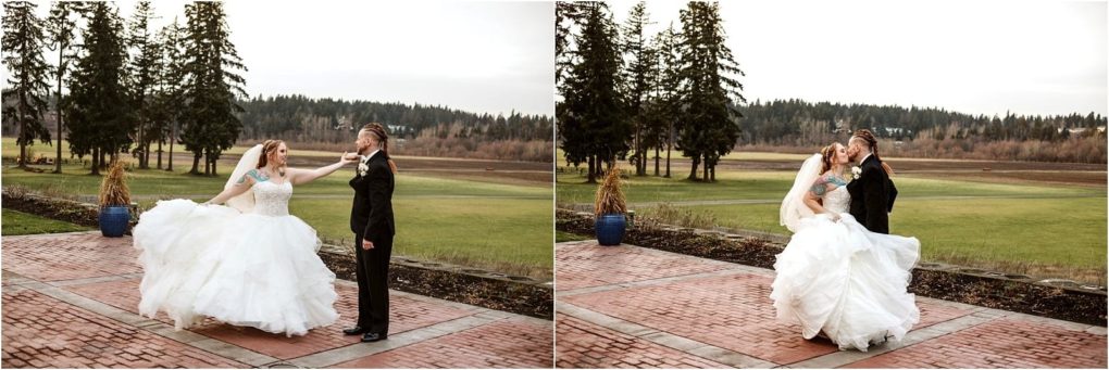 Premier snohomish & seattle wedding photographer | gsquared weddings photography a bride in a white gown twirls next to her groom in a black suit on a brick patio with lush fields and trees behindcapturing pure joy in this snohomish seattle wedding the second frame shows them sharing a joyful kiss | serving snohomish seattle                   & beyond