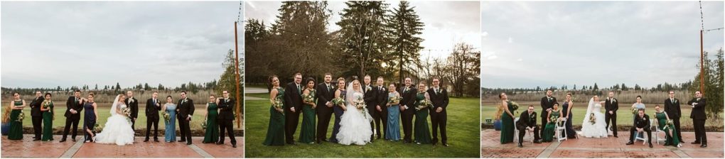 Premier snohomish & seattle wedding photographer | gsquared weddings photography three side by side photos show a bride and groom at their snohomish seattle wedding posing outdoors with their formally dressed wedding party on a brick patio with lush trees and grass creating a beautiful backdrop | serving snohomish seattle                   & beyond