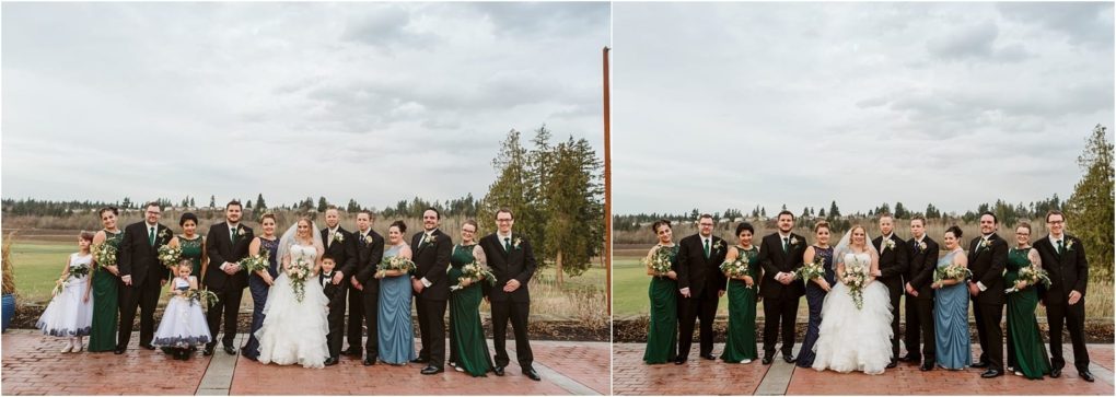 Premier snohomish & seattle wedding photographer | gsquared weddings photography a wedding party poses outdoors on a brick patio with greenery and cloudy skies in the background Captured near snohomish seattle the groupbride groom bridesmaids groomsmen and flower girlsall smile at the camera | serving snohomish seattle                   & beyond