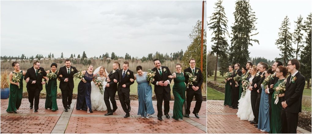 Premier snohomish & seattle wedding photographer | gsquared weddings photography a wedding party dressed in formal attire walks arm in arm outdoors on a brick path in snohomish The group is smiling and laughing with a backdrop of trees and an overcast sky capturing the joy of a seattle wedding engagement | serving snohomish seattle                   & beyond