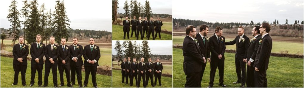 Premier snohomish & seattle wedding photographer | gsquared weddings photography four photos show a group of groomsmen in black suits with green boutonnieres laughing together outside on a lawn with trees and open fields in the background at a beautiful snohomish seattle wedding | serving snohomish seattle                   & beyond
