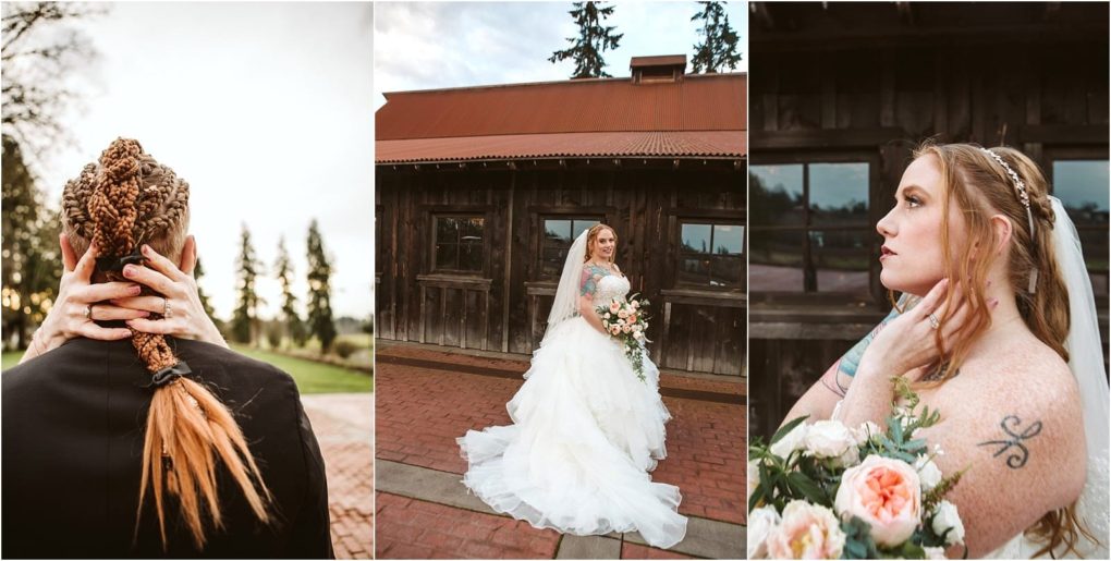Premier snohomish & seattle wedding photographer | gsquared weddings photography a bride in a white gown poses with a bouquet outside a rustic wooden building at a snohomish seattle wedding with close up shots highlighting her tattoos veil and hands gently touching her partners braided hair | serving snohomish seattle                   & beyond