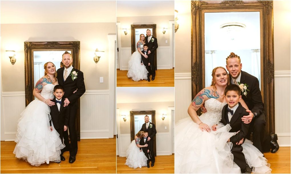 Premier snohomish & seattle wedding photographer | gsquared weddings photography a bride groom and young boy in formal attire pose smiling together in front of a large framed mirror at a snohomish seattle wedding captured in three photos on a wooden floor in a warmly lit room | serving snohomish seattle                   & beyond