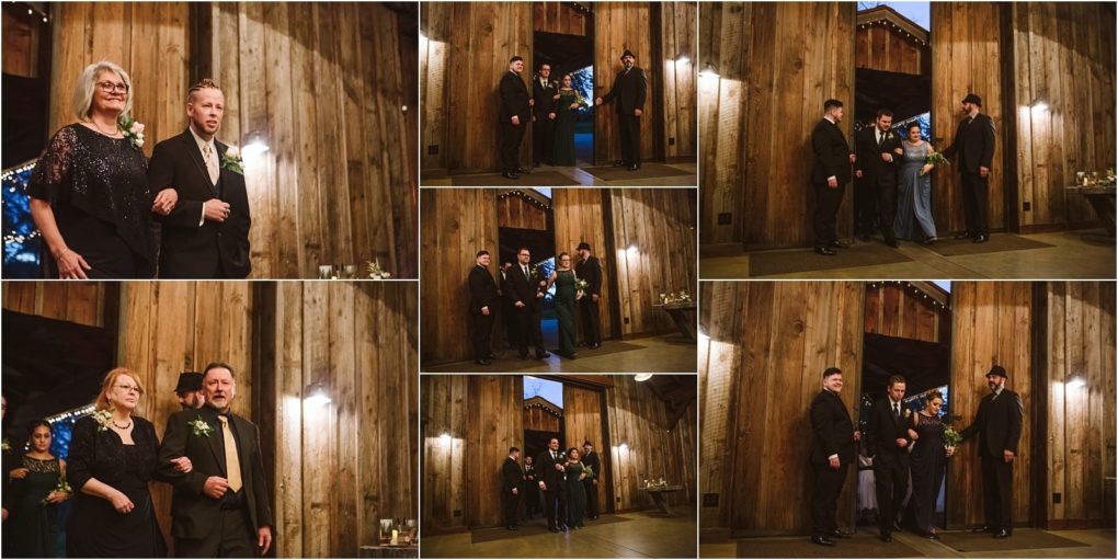 Premier snohomish & seattle wedding photographer | gsquared weddings photography a collage of snohomish wedding ceremony photos shows well dressed guests and family members walking down the aisle and greeting each other inside a rustic wooden venue near seattle | serving snohomish seattle                   & beyond