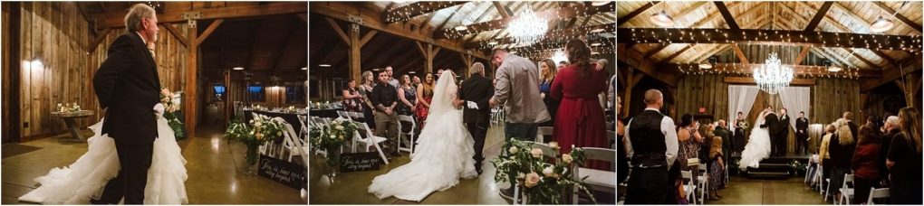 Premier snohomish & seattle wedding photographer | gsquared weddings photography a bride in a white gown walks down the aisle with an older man at a rustic snohomish barn venue beautifully decorated with lights and flowers as guests watch and capture this seattle wedding moment on their phones | serving snohomish seattle                   & beyond
