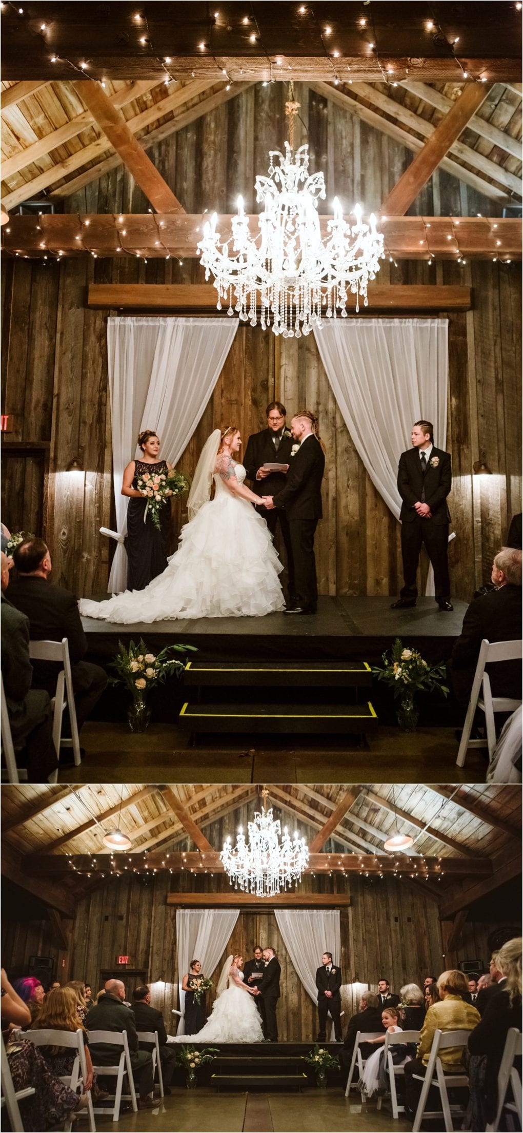 Premier snohomish & seattle wedding photographer | gsquared weddings photography a bride and groom stand at the altar with an officiant under a chandelier in a rustic snohomish barn venue surrounded by bridesmaids groomsmen and seated guests watching the romantic seattle wedding ceremony | serving snohomish seattle                   & beyond