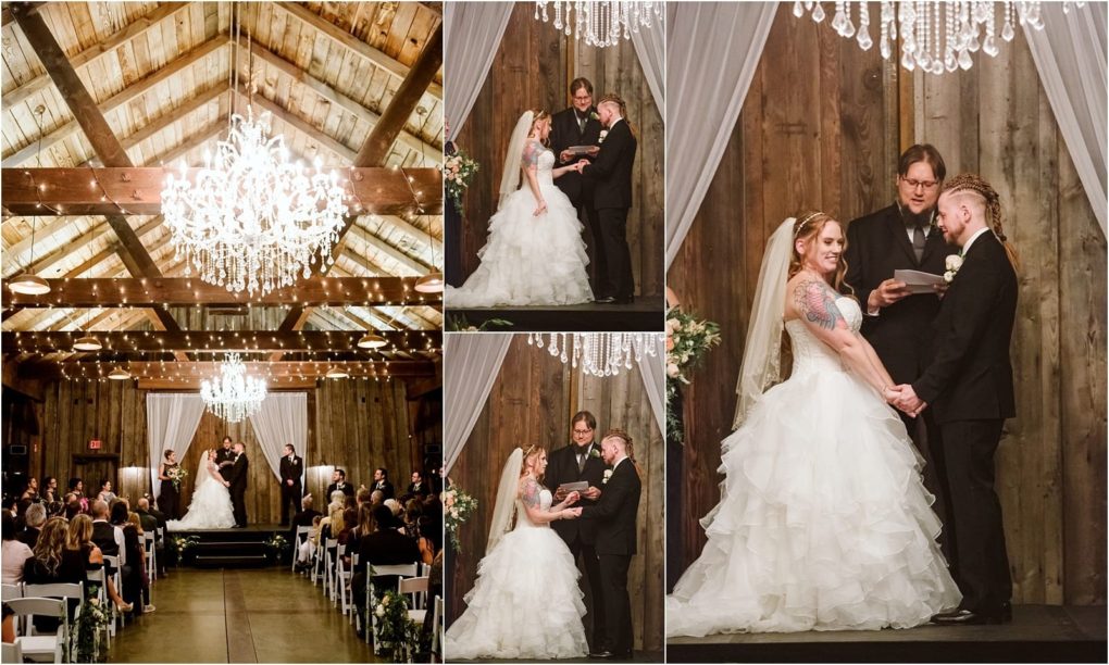 Premier snohomish & seattle wedding photographer | gsquared weddings photography a bride and groom exchange vows during a rustic indoor wedding ceremony near snohomish with chandeliers above and guests seated in rows Multiple angles show the couple smiling holding hands and standing with the officiant at their seattle wedding | serving snohomish seattle                   & beyond
