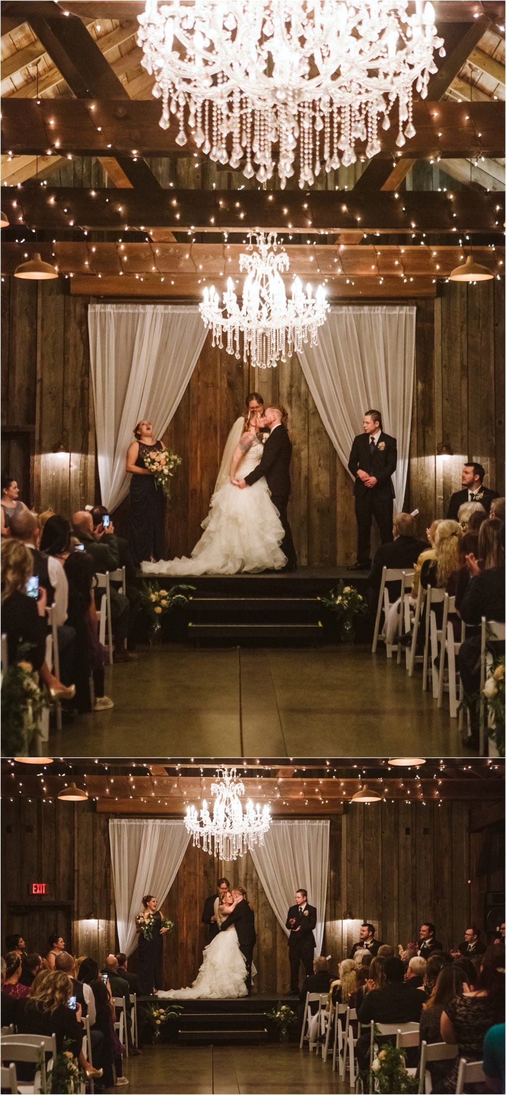 Premier snohomish & seattle wedding photographer | gsquared weddings photography a bride and groom kiss at the altar under a chandelier in a rustic indoor snohomish wedding venue surrounded by their wedding party and guests White drapes and string lights decorate the wooden backdrop | serving snohomish seattle                   & beyond