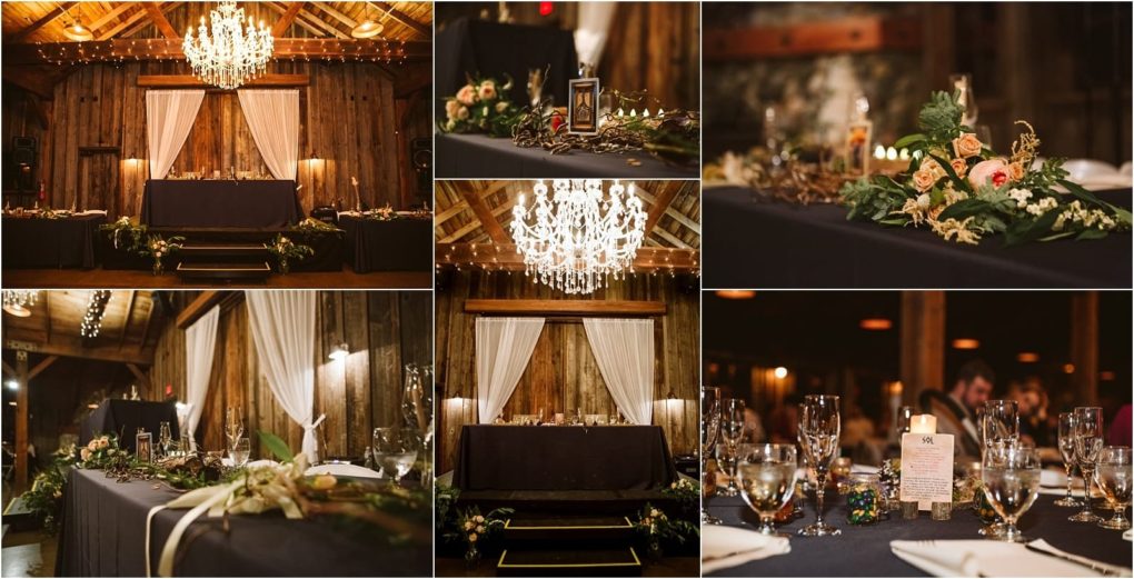 Premier snohomish & seattle wedding photographer | gsquared weddings photography a rustic snohomish wedding reception venue with wooden walls elegant chandeliers draped white fabric floral table centerpieces and set dining tables with glassware and menu cards shown from various angles Perfect for a seattle engagement celebration | serving snohomish seattle                   & beyond