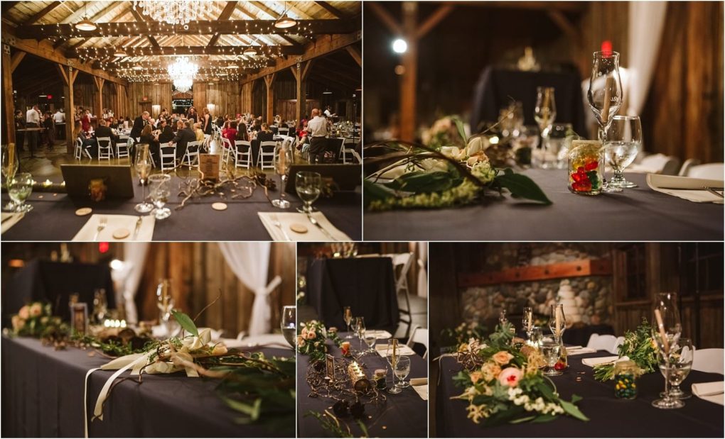 Premier snohomish & seattle wedding photographer | gsquared weddings photography a rustic snohomish wedding reception in a barn features guests seated at tables elegant chandeliers wooden beams and close ups of floral centerpieces and greenery on tables set with glassware and tableware | serving snohomish seattle                   & beyond