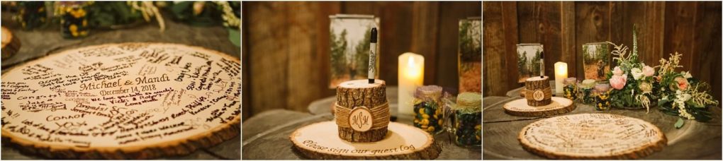Premier snohomish & seattle wedding photographer | gsquared weddings photography three photos show a rustic wooden guest book platter signed with names a pen in a wood holder candles and floral arrangements on a wooden table at a snohomish wedding The platter has michelle & martin december 13 2020 engraved on it | serving snohomish seattle                   & beyond