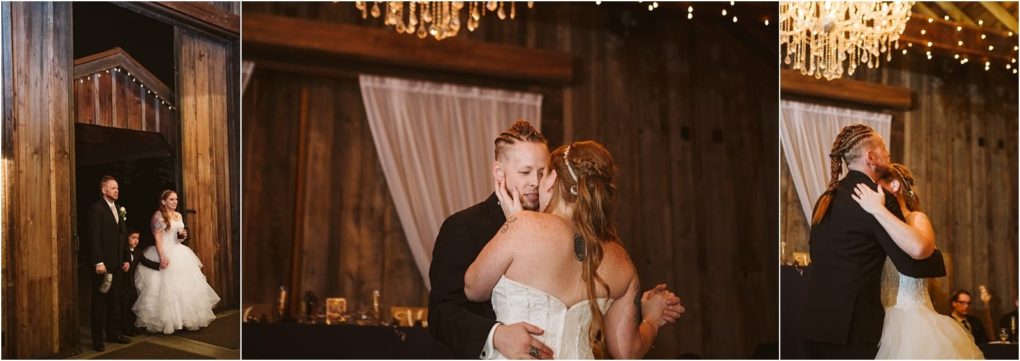 Premier snohomish & seattle wedding photographer | gsquared weddings photography a bride and groom enter a rustic snohomish barn venue and share their first dance under chandeliers surrounded by warm wooden walls and soft string lights A flower girl stands beside them in the entrance of this dreamy seattle wedding scene | serving snohomish seattle                   & beyond