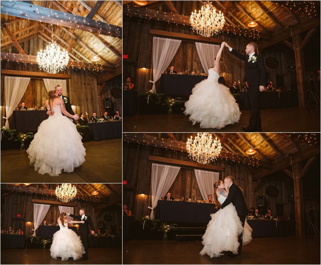 Premier snohomish & seattle wedding photographer | gsquared weddings photography a bride and groom share their first dance in a rustic snohomish barn venue with wood walls chandeliers and string lights while wedding guests watch from a long table in the background | serving snohomish seattle                   & beyond