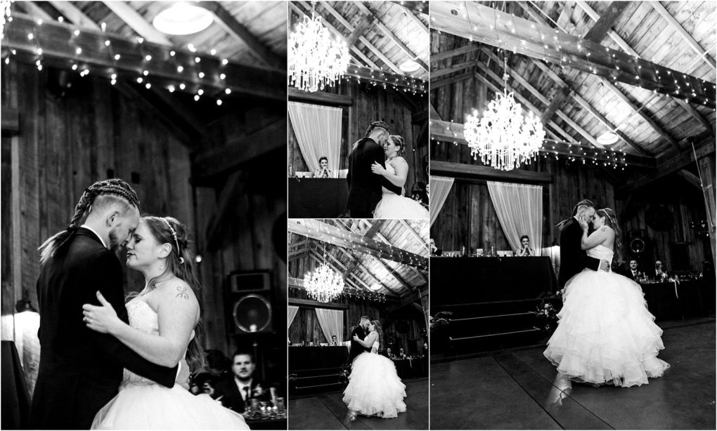 Premier snohomish & seattle wedding photographer | gsquared weddings photography a collage of black and white photos shows a bride and groom sharing their first dance in a rustic snohomish barn aglow with string lights and chandeliers The couple embraces closely surrounded by seated guests at their seattle wedding | serving snohomish seattle                   & beyond