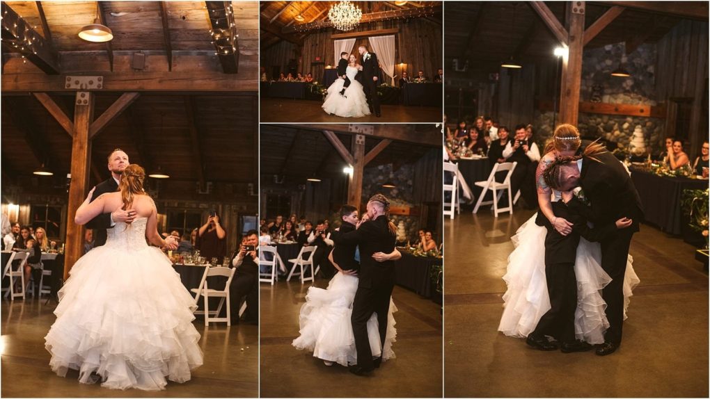 Premier snohomish & seattle wedding photographer | gsquared weddings photography a bride in a white gown dances with her father at a rustic snohomish wedding reception surrounded by guests seated at tables beneath wooden beams and warm lighting | serving snohomish seattle                   & beyond