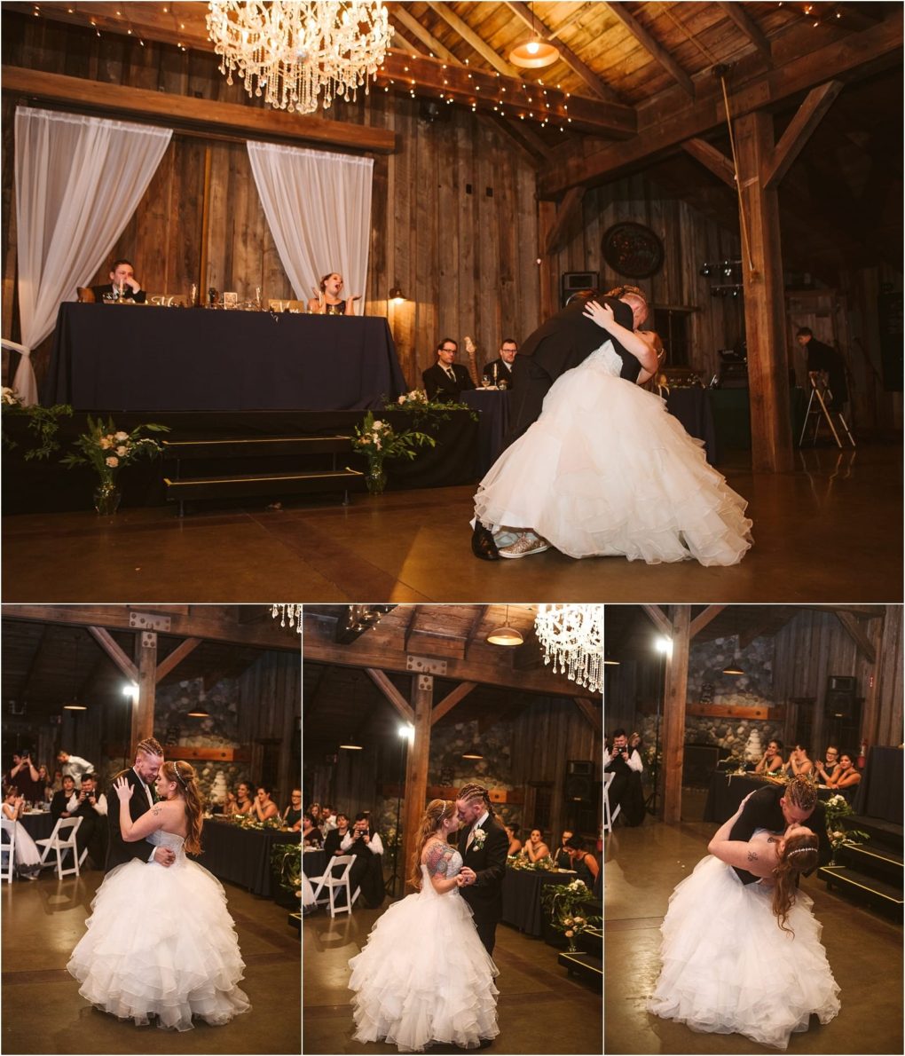 Premier snohomish & seattle wedding photographer | gsquared weddings photography four photos capture a snohomish bride and grooms first dance in a rustic barn venue near seattle The couple shares a kiss and dance moves beneath warm lighting as guests watch their magical wedding moment unfold | serving snohomish seattle                   & beyond