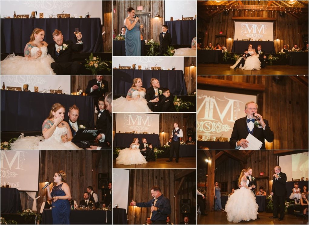 Premier snohomish & seattle wedding photographer | gsquared weddings photography a collage of snohomish wedding reception moments including speeches toasts dancing and the bride and groom seated together at a decorated table with guests and a large monogram backdrop in a rustic wooden venue | serving snohomish seattle                   & beyond