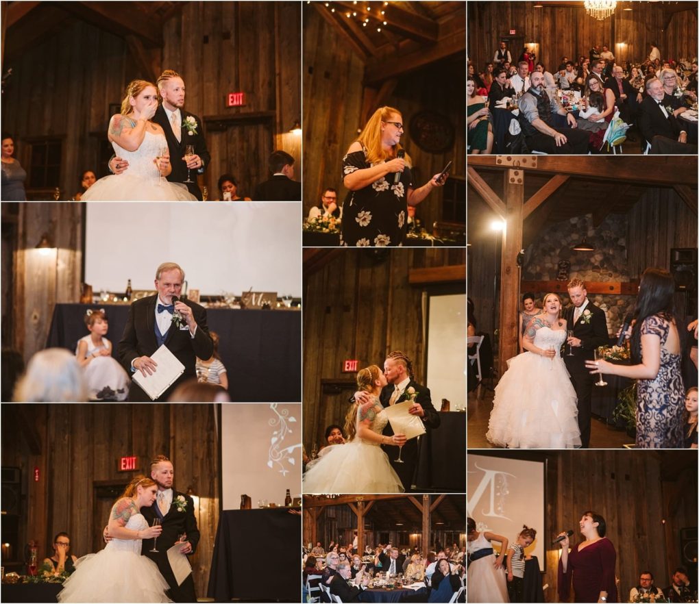 Premier snohomish & seattle wedding photographer | gsquared weddings photography a collage of snohomish wedding reception photos shows speeches toasts and celebrations in a rustic wooden venue near seattle with guests at tables the bride in a white dress and warm festive lighting throughout | serving snohomish seattle                   & beyond