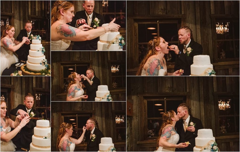 Premier snohomish & seattle wedding photographer | gsquared weddings photography a bride and groom cut their wedding cake and feed each other slices smiling and laughing in a rustic snohomish venue They share a kiss surrounded by soft warm lighting during their seattle wedding celebration | serving snohomish seattle                   & beyond