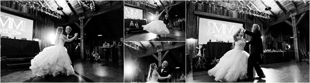 Premier snohomish & seattle wedding photographer | gsquared weddings photography a black and white collage captures a bride and her father dancing at a rustic snohomish barn wedding reception with string lights overhead and guests watching in the backgrounda timeless seattle wedding moment | serving snohomish seattle                   & beyond