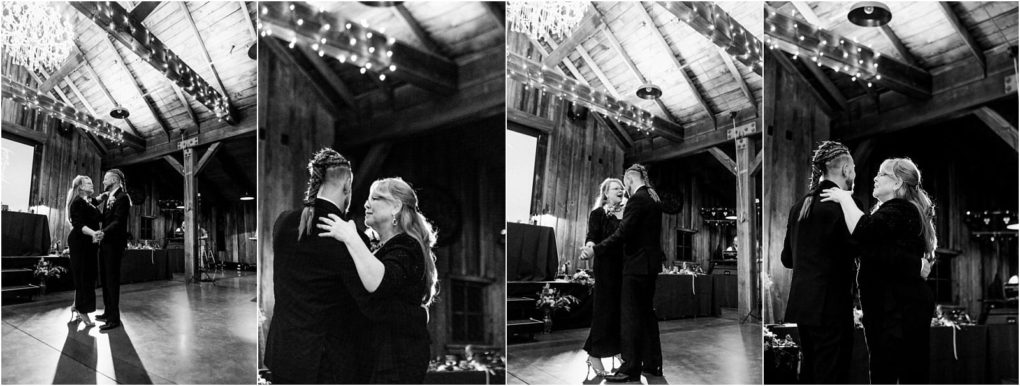 Premier snohomish & seattle wedding photographer | gsquared weddings photography two black and white photos capture a groom dancing with his mother at a rustic snohomish wedding venue Under wooden beams and twinkling lights they share an emotional moment together on the dance floor | serving snohomish seattle                   & beyond