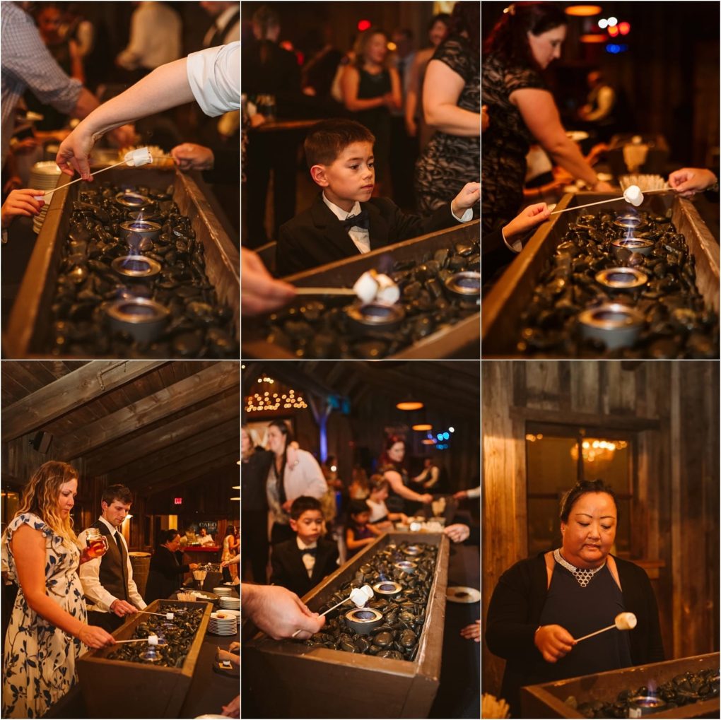 Premier snohomish & seattle wedding photographer | gsquared weddings photography a collage of people toasting marshmallows over tabletop flame stations at an indoor snohomish wedding Guests of various ages including a boy in a suit hold long skewers to roast marshmallows in this warmly lit festive setting | serving snohomish seattle                   & beyond