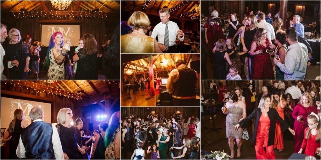 Premier snohomish & seattle wedding photographer | gsquared weddings photography a collage of snohomish wedding reception photos shows guests of all ages dancing mingling and celebrating in a warmly lit barn style venue decorated with string lights near seattle | serving snohomish seattle                   & beyond