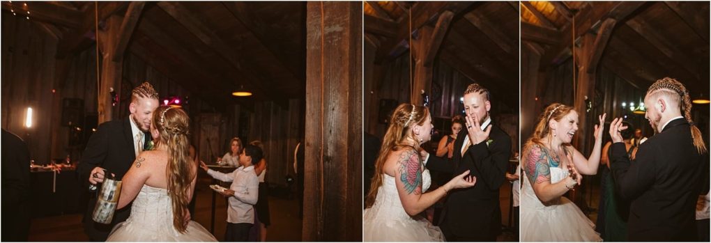 Premier snohomish & seattle wedding photographer | gsquared weddings photography three side by side photos show a bride and groom with unique hairstyles and tattoos playfully feeding each other cake during their snohomish wedding reception in a rustic warmly lit barn setting | serving snohomish seattle                   & beyond