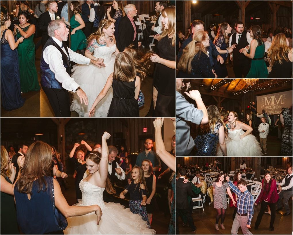 Premier snohomish & seattle wedding photographer | gsquared weddings photography a bride in a white dress dances joyfully with guests of all ages at a lively indoor snohomish wedding reception surrounded by festive lights and smiling people celebrating together near seattle | serving snohomish seattle                   & beyond