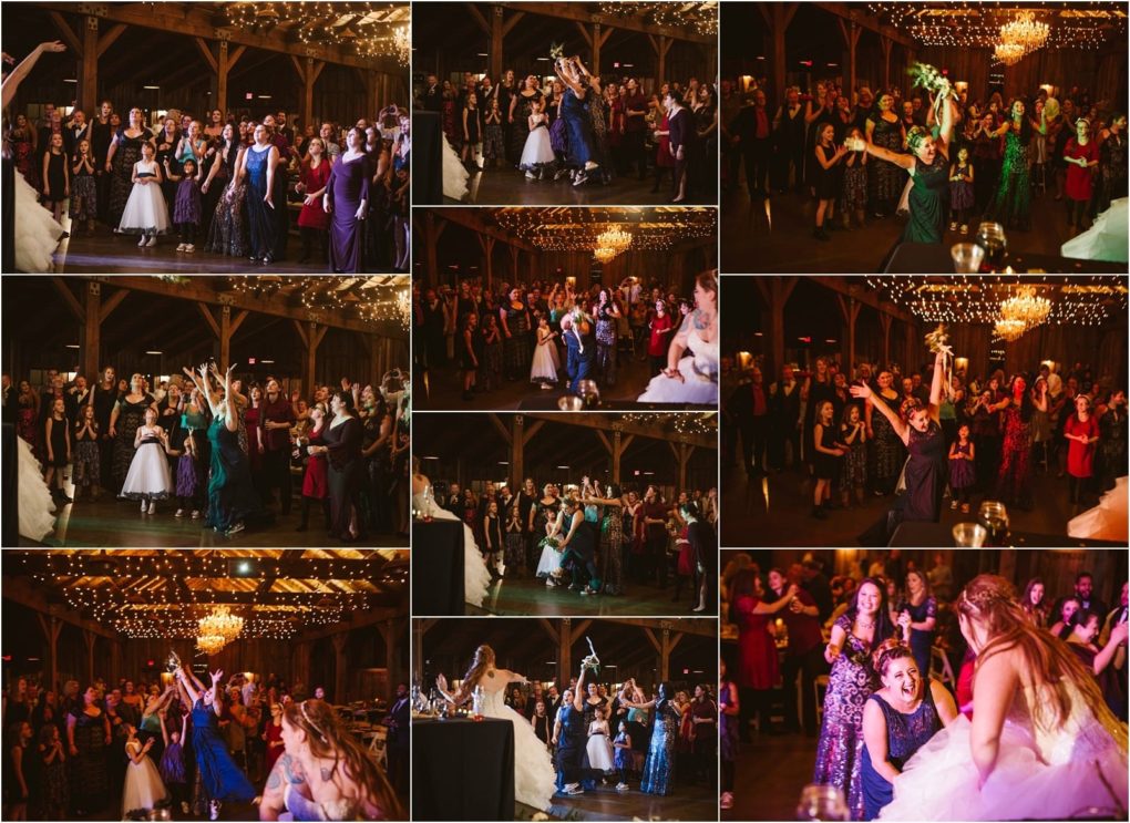Premier snohomish & seattle wedding photographer | gsquared weddings photography a collage of snohomish wedding reception photos shows women gathered for the bouquet toss with the bride throwing the bouquet and guests cheerfully reaching to catch it under warm twinkling lights in a rustic venue | serving snohomish seattle                   & beyond