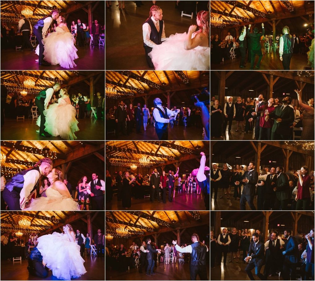 Premier snohomish & seattle wedding photographer | gsquared weddings photography a collage of snohomish wedding reception moments in a warmly lit barn showing the couple dancing celebrating with guests and sharing joyful candid moments on the dance floor surrounded by family and friends | serving snohomish seattle                   & beyond