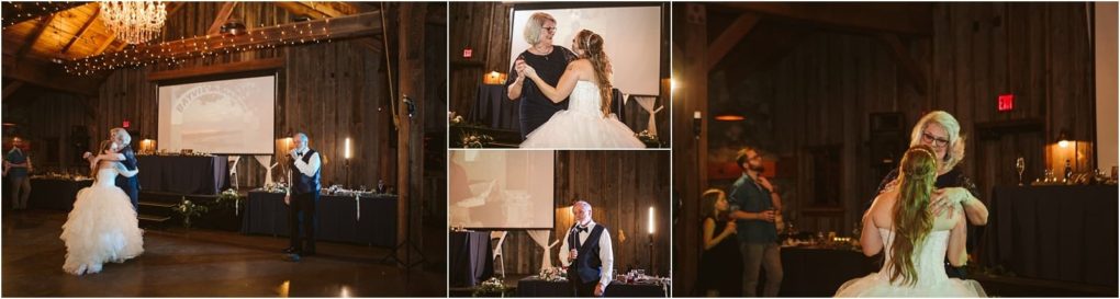 Premier snohomish & seattle wedding photographer | gsquared weddings photography collage of snohomish wedding reception moments in a rustic barn a bride in a white gown dances and shares emotional moments with her parents soft lighting wooden walls and elegant decor create a warm festive atmosphere | serving snohomish seattle                   & beyond