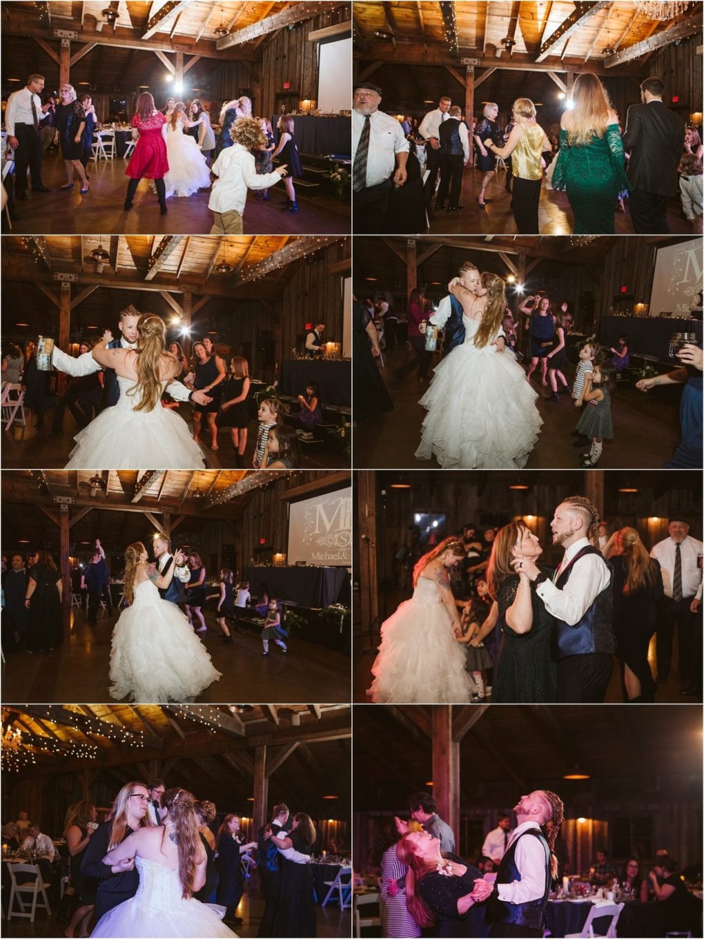 Premier snohomish & seattle wedding photographer | gsquared weddings photography a collage of eight photos shows people dancing at a rustic indoor snohomish wedding reception including children couples and a bride in a white gown all celebrating under warm string lights | serving snohomish seattle                   & beyond
