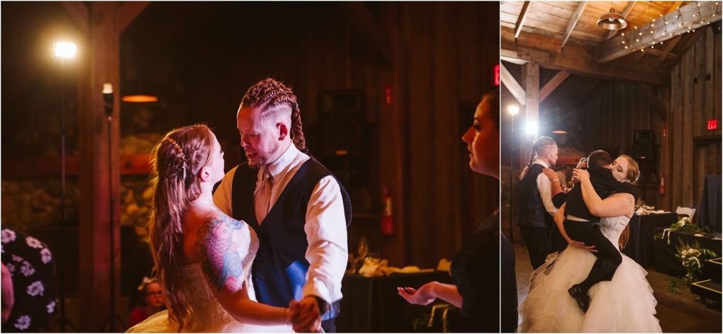 Premier snohomish & seattle wedding photographer | gsquared weddings photography two wedding photos on the left a bride and groom share a dance in a warmly lit snohomish venue On the right the bride hugs a young boy while the groom stands nearbyall smiling and celebrating their seattle wedding together | serving snohomish seattle                   & beyond