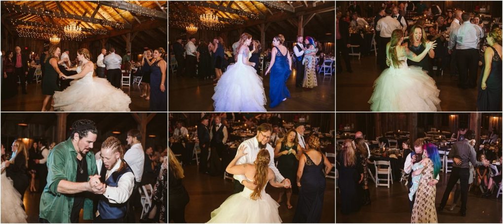 Premier snohomish & seattle wedding photographer | gsquared weddings photography a collage of six photos shows wedding guests dancing joyfully in a warmly lit snohomish barn The bride in a white gown is central in several images surrounded by friends and family celebrating on the dance floor | serving snohomish seattle                   & beyond