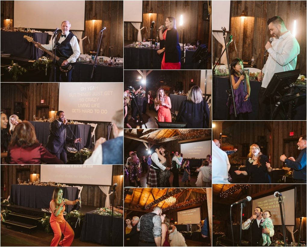 Premier snohomish & seattle wedding photographer | gsquared weddings photography a collage of photos from a snohomish indoor party shows people singing karaoke dancing and enjoying live music under warm lights in a rustic wooden venuea lively atmosphere perfect for a seattle wedding or engagement celebration | serving snohomish seattle                   & beyond