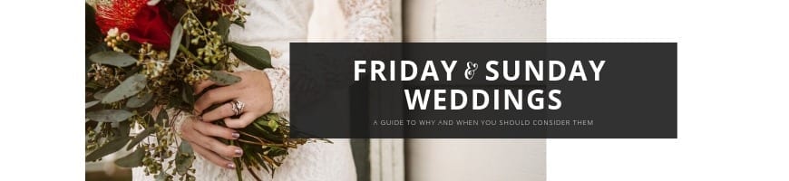 Premier Snohomish & Seattle Wedding Photographer | GSquared Weddings Photography A bride in a white lace dress holds a bouquet of red and white flowers. Next to her, a black banner reads: Friday & Sunday Weddings. Discover why Snohomish or Seattle couples should consider these wedding or engagement dates.                                   | Serving Snohomish, Seattle ,                  & Beyond