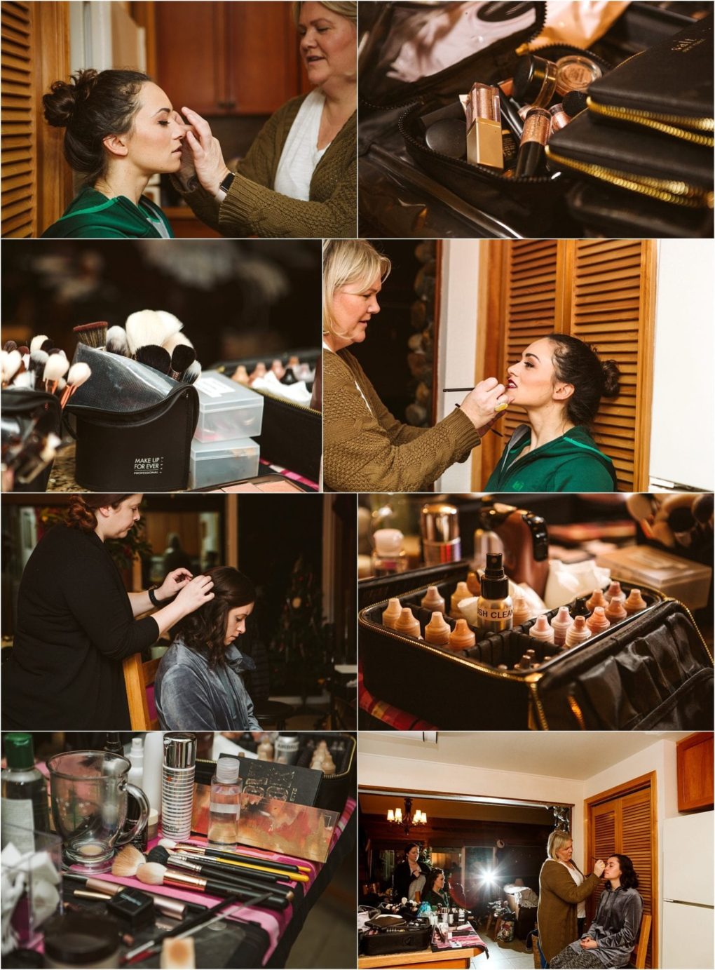 Premier snohomish & seattle wedding photographer | gsquared weddings photography a collage shows a woman getting her hair and makeup done with close ups of brushes and cosmetics alongside wider shots of the stylist workingperfect inspiration for a snohomish or seattle wedding or engagement prep | serving snohomish seattle                   & beyond