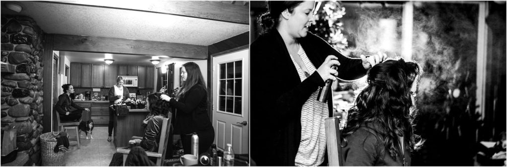 Premier snohomish & seattle wedding photographer | gsquared weddings photography a split image on the left women and a dog gather in a cozy kitchen in snohomish On the right dramatic black and white lighting highlights a woman styling anothers haircapturing the anticipation of a seattle wedding engagement | serving snohomish seattle                   & beyond