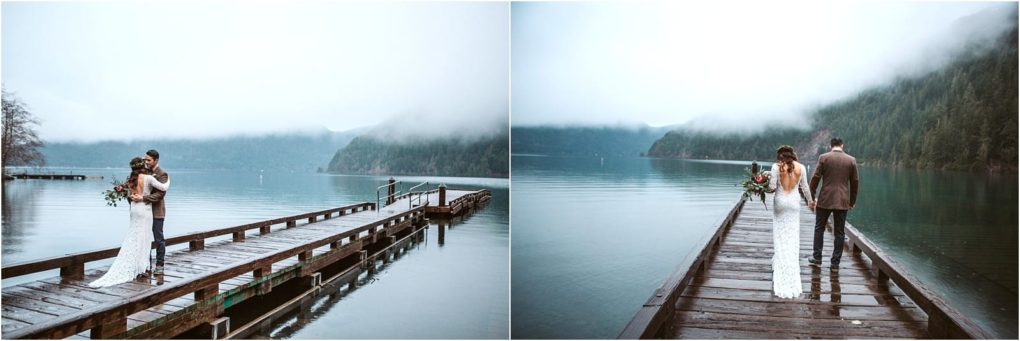 Premier snohomish & seattle wedding photographer | gsquared weddings photography two snohomish wedding photos a couple stands on a wooden dock by a calm lake surrounded by misty mountains In one they embrace in the other they walk hand in hand toward the foggy forestcapturing seattle engagement magic | serving snohomish seattle                   & beyond