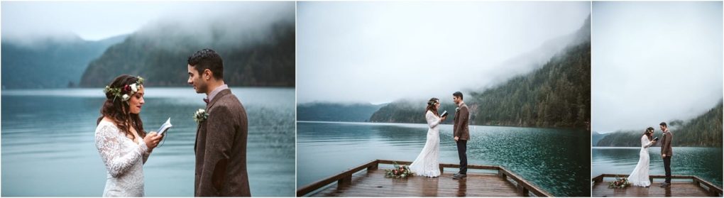 Premier snohomish & seattle wedding photographer | gsquared weddings photography a bride and groom stand on a lakeside dock near snohomish The bride reads vows then the couple holds hands and embraces with calm water and misty seattle hills in the backgrounda perfect wedding or engagement moment | serving snohomish seattle                   & beyond