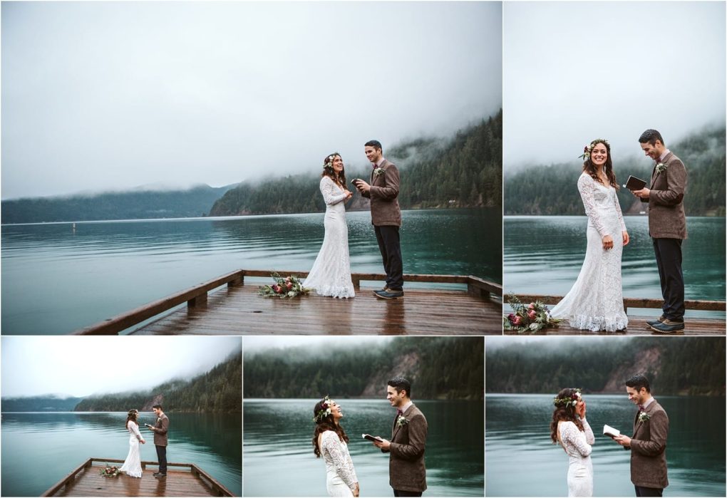Premier snohomish & seattle wedding photographer | gsquared weddings photography a couple stands on a wooden dock by a misty lake near snohomish exchanging vows Both are dressed in wedding attire surrounded by calm water and forested mountains under a cloudy seattle sky | serving snohomish seattle                   & beyond