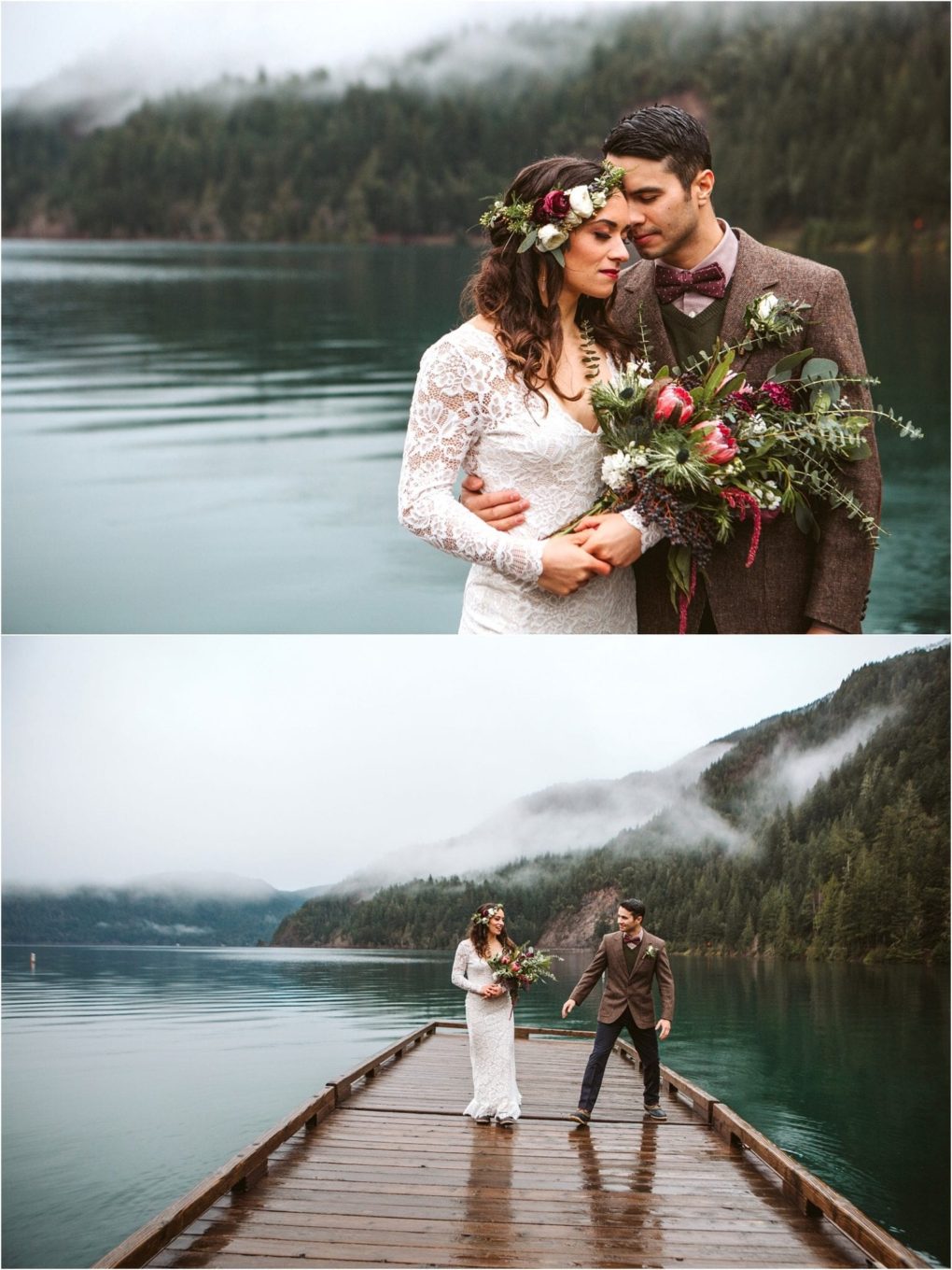 Premier snohomish & seattle wedding photographer | gsquared weddings photography a bride and groom stand on a wooden dock beside a misty lake near snohomish surrounded by forested mountains The bride wears a lace dress and flower crown holding a bouquet while the groom wears a brown suit and bow tie | serving snohomish seattle                   & beyond