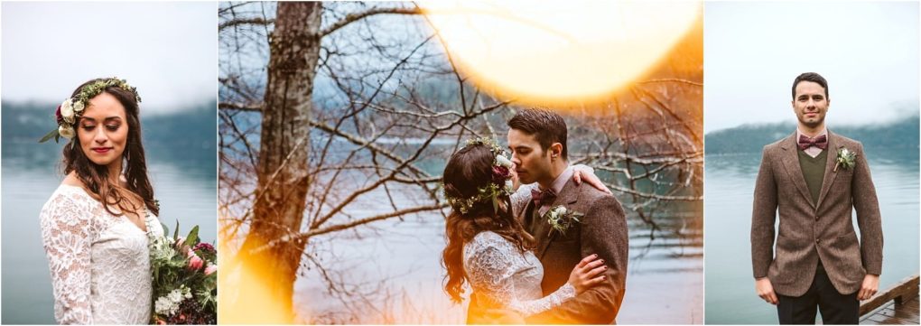 Premier snohomish & seattle wedding photographer | gsquared weddings photography three wedding photos left a bride in a lace dress with floral crown by a lake near snohomish center the couple embracing and kissing with soft orange light right the groom in a brown suit standing alone outdoors | serving snohomish seattle                   & beyond