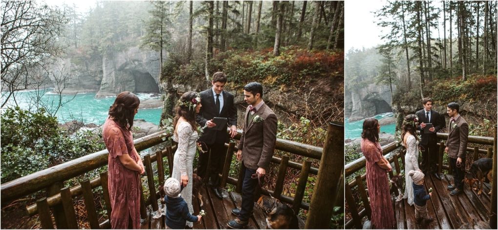 Premier snohomish & seattle wedding photographer | gsquared weddings photography a small snohomish wedding ceremony is held on a wooden deck overlooking a misty ocean and cliffs with a bride groom officiant bridesmaid child and dog surrounded by forest | serving snohomish seattle                   & beyond
