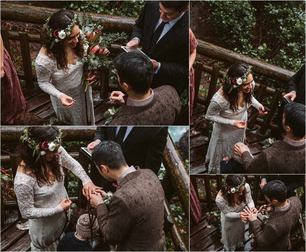 Premier snohomish & seattle wedding photographer | gsquared weddings photography a couple exchanges rings and vows during a rustic snohomish outdoor wedding ceremony on a wooden deck surrounded by greenery with close up shots capturing their emotions and floral details | serving snohomish seattle                   & beyond