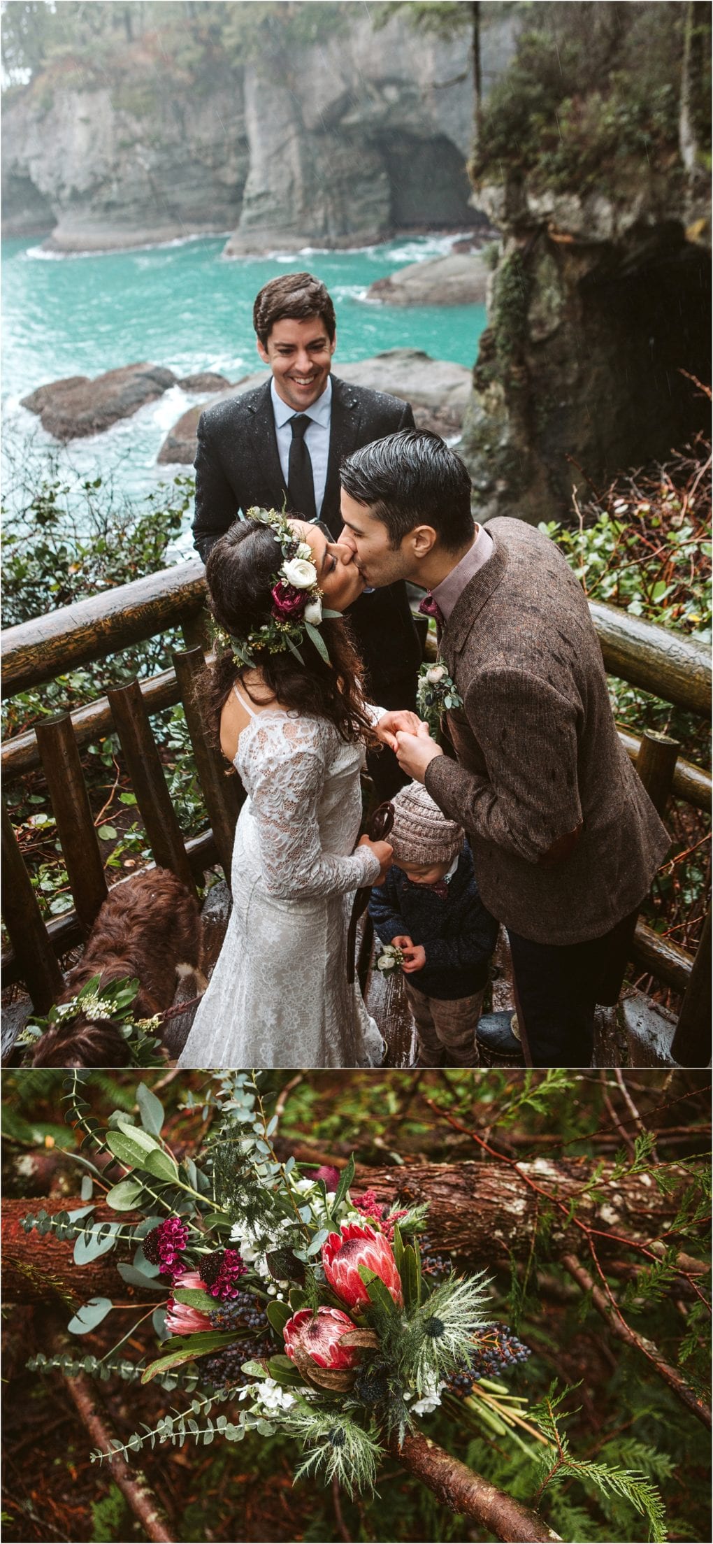 Premier snohomish & seattle wedding photographer | gsquared weddings photography a couple in wedding attire shares a kiss during an outdoor snohomish ceremony near rocky cliffs and turquoise water with an officiant and floral bouquet visible in the scenecapturing a stunning seattle wedding engagement moment | serving snohomish seattle                   & beyond