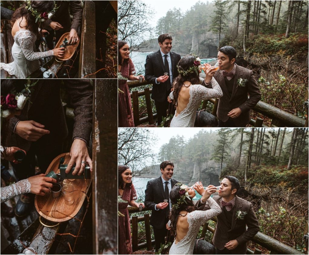 Premier snohomish & seattle wedding photographer | gsquared weddings photography a bride and groom share a celebratory drink outdoors with friends beside a forested cliff near snohomish Close ups show hands preparing drinks on a wooden board The group dressed in wedding attire is smiling and joyful at this seattle wedding | serving snohomish seattle                   & beyond
