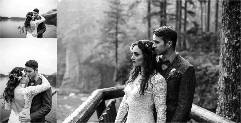 Premier snohomish & seattle wedding photographer | gsquared weddings photography a black and white collage shows a snohomish bride and groom in wedding attire embracing on a wooden deck by a lake surrounded by trees and misty mountainsa classic seattle wedding scene | serving snohomish seattle                   & beyond
