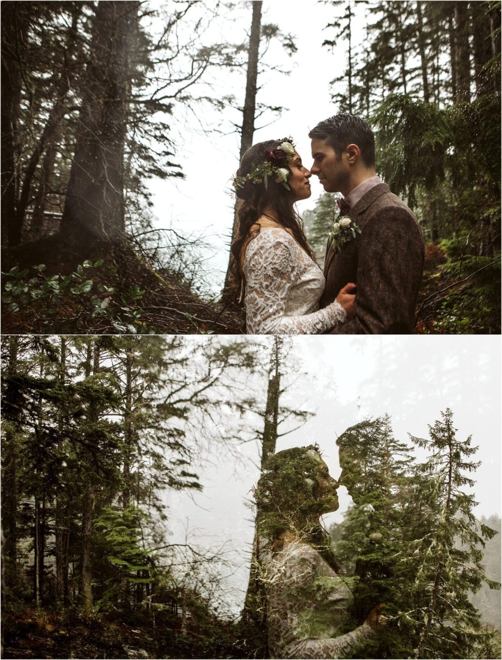 Premier snohomish & seattle wedding photographer | gsquared weddings photography two romantic snohomish seattle wedding photos in both a bride in a lace dress and floral crown faces a groom in a brown suit set in a misty forest the bottom image features a double exposure effect with trees | serving snohomish seattle                   & beyond